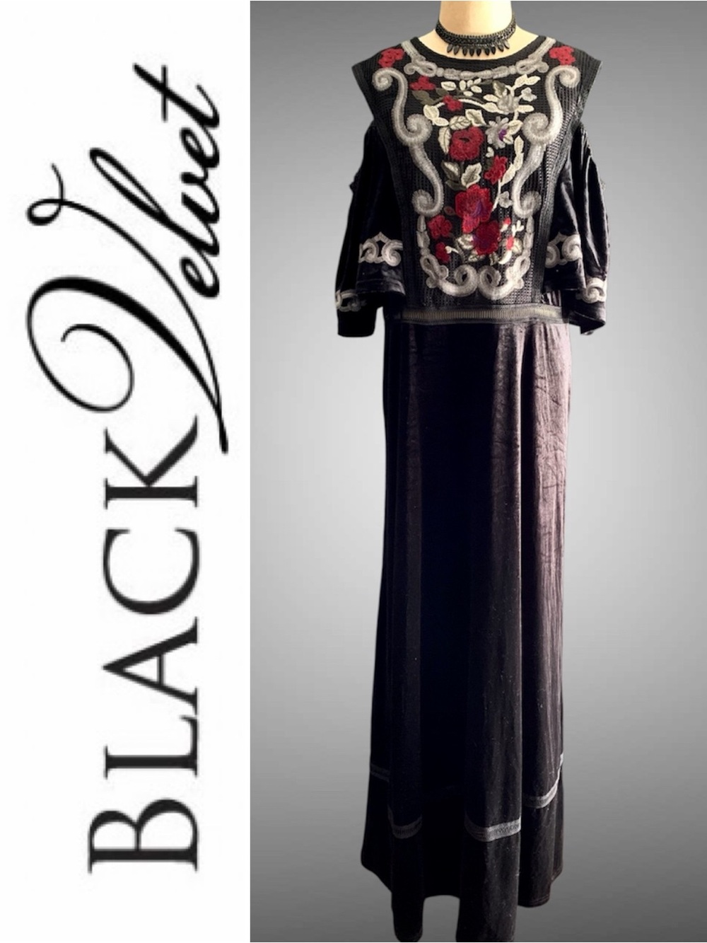 “Opera Fashions” Black Velvet Floral Embroidered Maxi Gown Ruffled Cold Shoulder